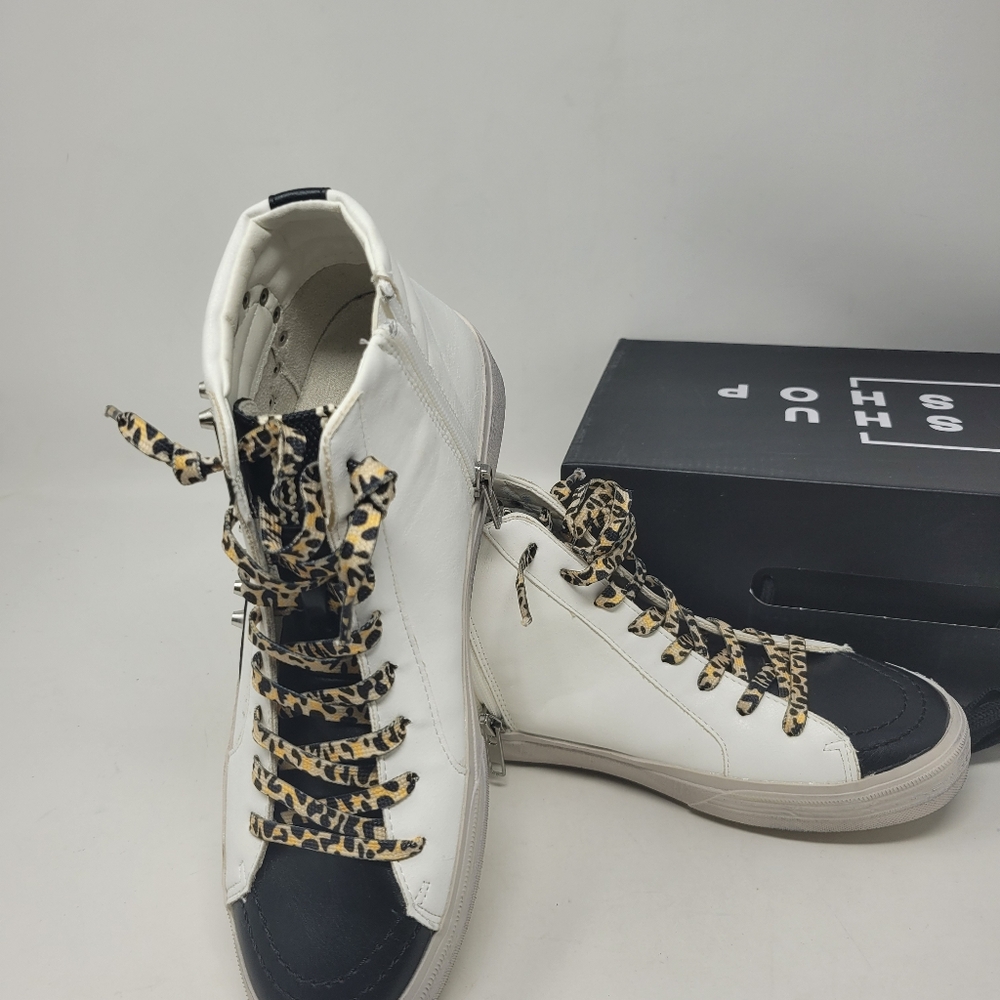 ShuShop White and Black Athletic Shoes with Leopard Accents